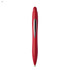 A red plastic pen with a sleek design and a silver clip, featuring a logo on its body.