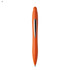 An orange plastic pen with a sleek design and a black clip detail, featuring a branding logo.