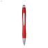 A red plastic pen with silver accents and a logo on the body.