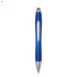 A blue plastic pen with silver accents and a logo.