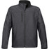 A grey men's soft shell jacket with a zippered front and multiple pockets. It features a logo on one sleeve.