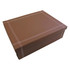 A small brown keepsake box with a textured finish and a subtle stitched design. It has a logo on the side.