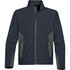 A dark grey softshell jacket featuring a zip front and contrasting lighter grey panel accents. It has zipped pockets and a collar.