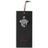 A drink bottle opener in silver metal, mounted on a black card with a hanging loop, featuring a logo.