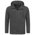 A men's active hooded fleece jacket in dark grey with a zip front and two pockets. It features a logo.