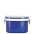 A blue lunch box made of plastic and wheat straw, featuring a white lid and a simple closing mechanism.