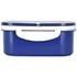 A blue plastic and wheat straw lunch box with a white handle and lid. Features a simple design and smooth surface.