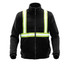 A black fleece jacket with reflective strips on the front and back, featuring a high collar and zippered closure.