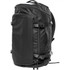 A black duffle bag with adjustable straps and multiple compartments, featuring a logo on the side.