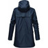 A navy women's insulated rain jacket with a hood, featuring a smooth, waterproof exterior and long sleeves.
