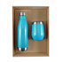 A drink bottle and matching tumbler set in bright blue, packaged together in a cardboard gift box.