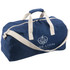 A navy blue duffle bag with cream handles and a logo on the front. It features a zip closure and shoulder strap.