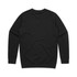 A black crew jumper with long sleeves and a plain back design. It features a simple branding logo.