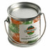 A small clear PVC bucket filled with colourful boiled lollies in green, orange, and other shades, featuring a handle.