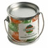 A small silver bucket filled with colourful boiled lollies in orange, green, and clear. It features a branding label.