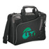 A black laptop bag with a green logo, featuring dual handles and a removable shoulder strap.