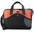 A laptop bag featuring a black body with vibrant orange accents, mesh detailing, and an adjustable shoulder strap.