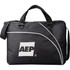 A black laptop bag with a shoulder strap, featuring a logo and a mesh side pocket.