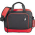 A black and red laptop briefcase with a shoulder strap and a front pocket. It features a logo on the front.
