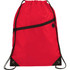 A red drawstring bag featuring a zippered pocket and black accents, with corded straps for carrying.
