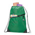 A green drawstring bag with a zip pocket, holding a drink bottle, pen, and small cards. It has a logo.