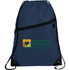 A navy drawstring bag with a front zip pocket and a logo. The bag features black accents and adjustable straps.