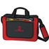 A black and red laptop briefcase with dual handles and a removable shoulder strap. It features a front pocket and a logo.