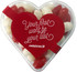 Acrylic heart-shaped container filled with red and white jelly beans, featuring a branded sticker on top.