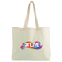 A natural cotton tote bag in cream with a colourful logo design on the front.