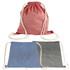 A red drawstring bag with two additional bags in blue and grey. Each bag has a drawstring closure and a logo.
