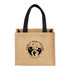 A beige jute tote bag with black handles, featuring a logo on the front.
