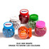 A collection of jars filled with colourful choc beans, featuring various lid colours and branding.