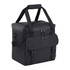 A black cooler bag with a sturdy handle and adjustable straps, designed to hold 24 cans.
