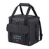 A black cooler bag with a padded top, adjustable straps, and a logo on the front. It features a secure closure and side pockets.