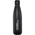 A drink bottle with a sleek black design and a logo, featuring a vacuum-insulated construction.