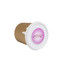 A coffee cup with a brown cardboard body and a white lid, featuring a circular logo in pink.