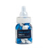 A drink bottle filled with blue and white choc beans, featuring a white lid and a branding logo.