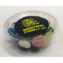 A clear tub filled with colourful jelly beans in various shades, featuring a logo on the lid.