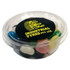 A clear tub filled with colourful jelly beans, including blue, pink, green, and white, featuring a branded lid.