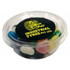 A tub filled with colourful jelly beans in various flavours, with a lid featuring a logo.