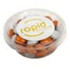 A clear tub filled with orange and white choc beans, featuring a branded label on the lid.
