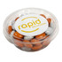 A clear tub filled with orange and grey choc beans, featuring a logo on the lid.