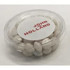 A clear tub filled with white mints. The tub features a branding label on the top.