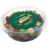 A clear tub filled with colourful M&Ms, including shades of red, blue, green, yellow, orange, and black, with a logo on top.