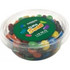 A clear tub containing an assortment of colourful M&Ms, featuring a green lid with a logo.