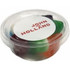 A tub filled with assorted mixed lollies in various colours, featuring a transparent lid and a branding label.