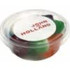 A clear tub containing mixed lollies in various bright colours, featuring a label on top.