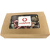 A kraft gift box containing mixed lollies, including candy canes, with a window and a logo on top.