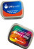 A small rectangular tin with a silver finish. One side features a blue and red design with a logo, the other has a colourful design.