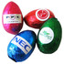 Four hollow chocolate eggs in vibrant colours: pink, red, blue, and green, each with a logo sticker.
